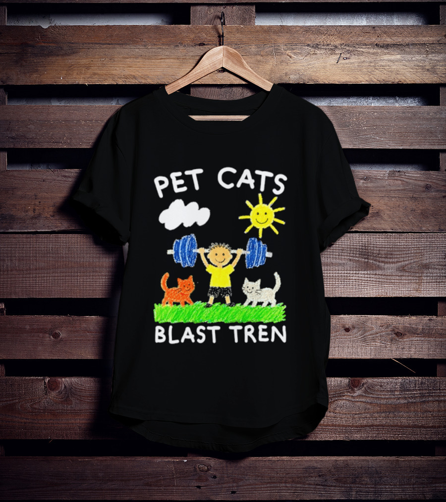 Pet Cats Blast Tren Bodybuilding Gym Child With Weights Sun And Clouds T-Shirt