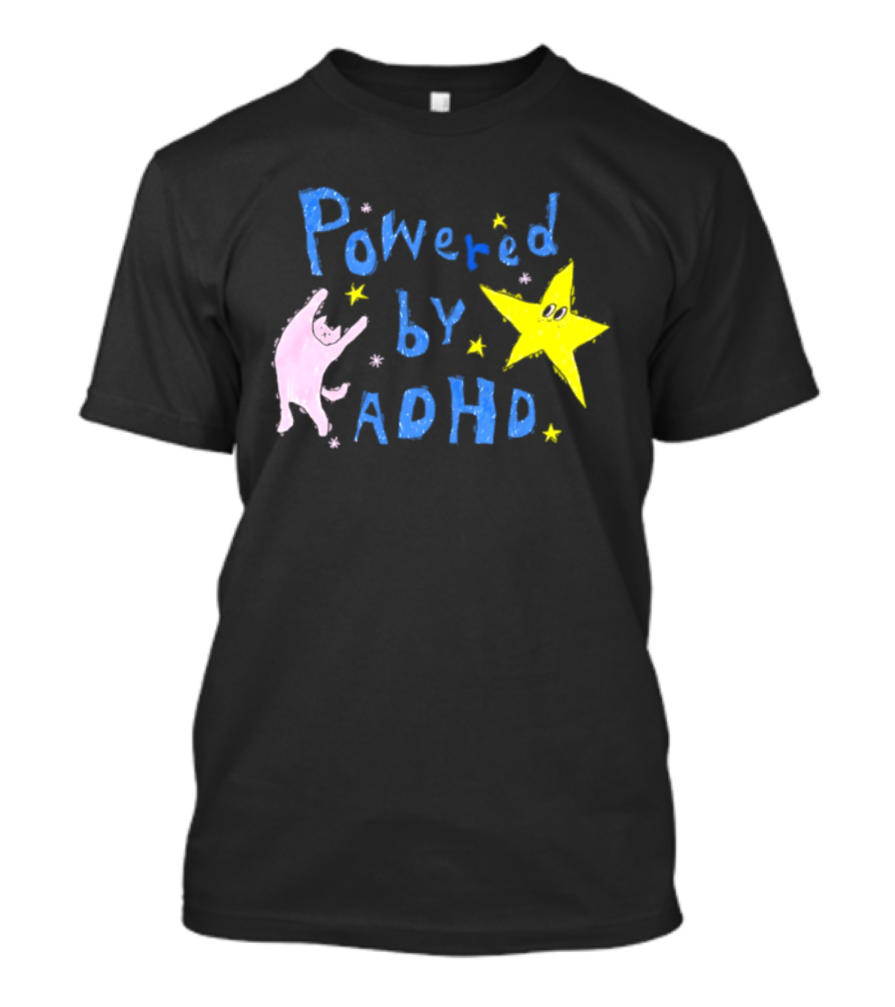 Powered By ADHD Neurodivergent Star And Cat With Yellow Stars T-Shirt