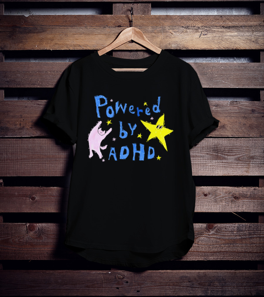 Powered By ADHD Neurodivergent Star And Cat With Yellow Stars T-Shirt