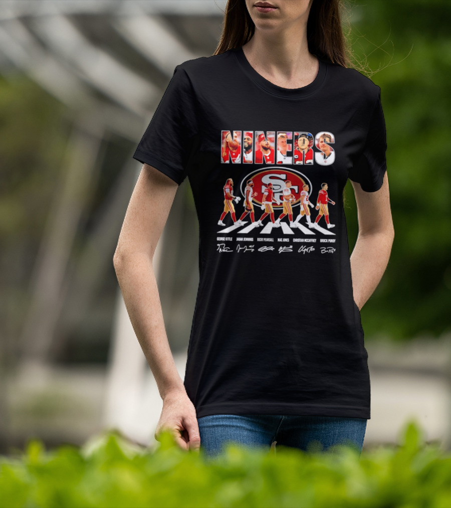 San Francisco 49ers George Kittle Jauan Jennings Ricky Pearsall Mac Jones Christian McCaffrey NINERS Walk NFL Legends Signatures T-Shirt