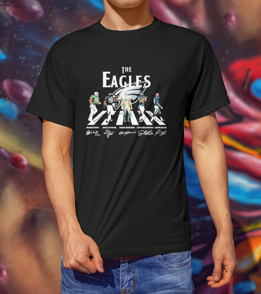 The Eagles Reggie White Brian Dawkins Chuck Bednarik Donovan McNabb Jason Kelce Philadelphia Eagles Signatures Abbey Road Crosswalk T-Shirt
