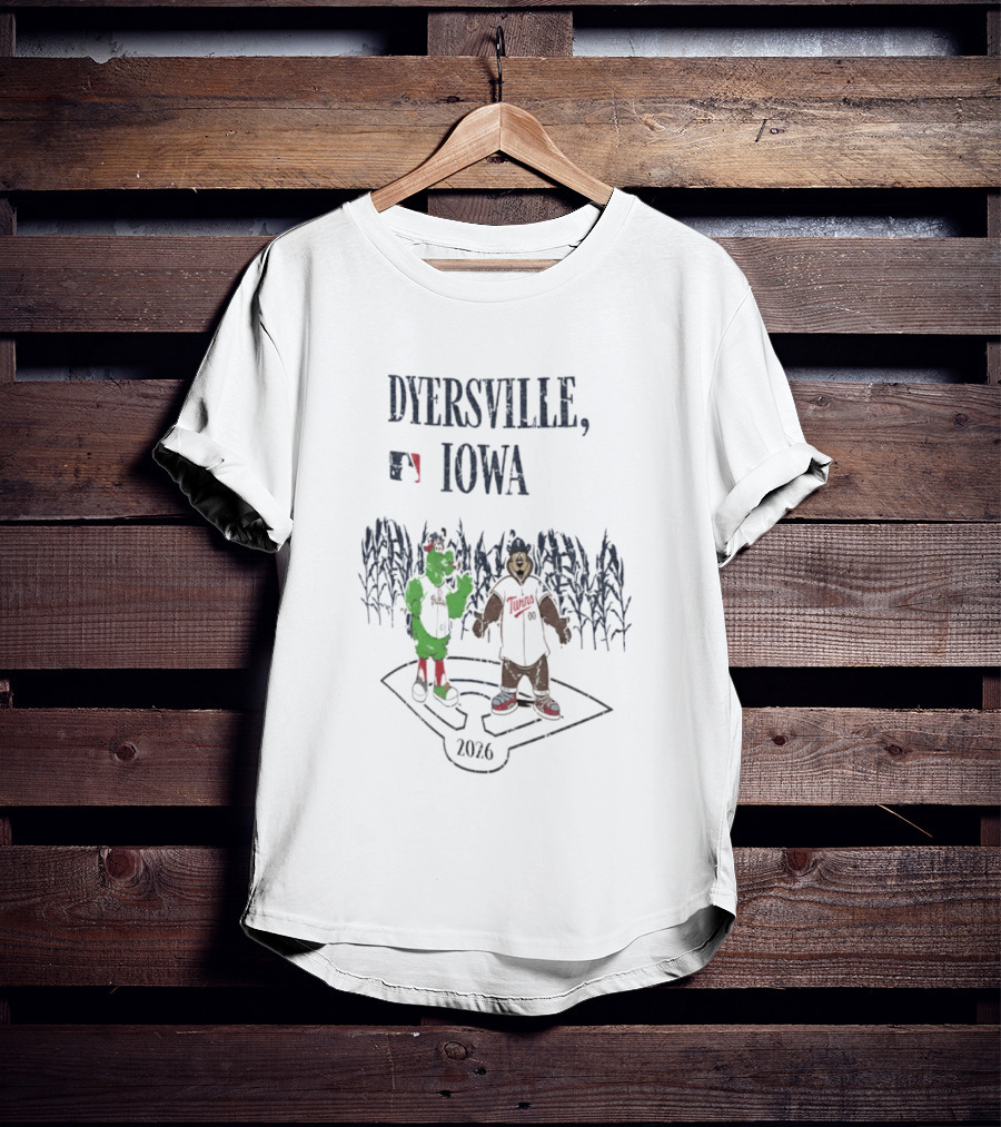 Dyersville Iowa 2026 MLB Philadelphia Phillies Vs Minnesota Twins Phillie Phanatic T.C. Bear Field Of Dreams T-Shirt