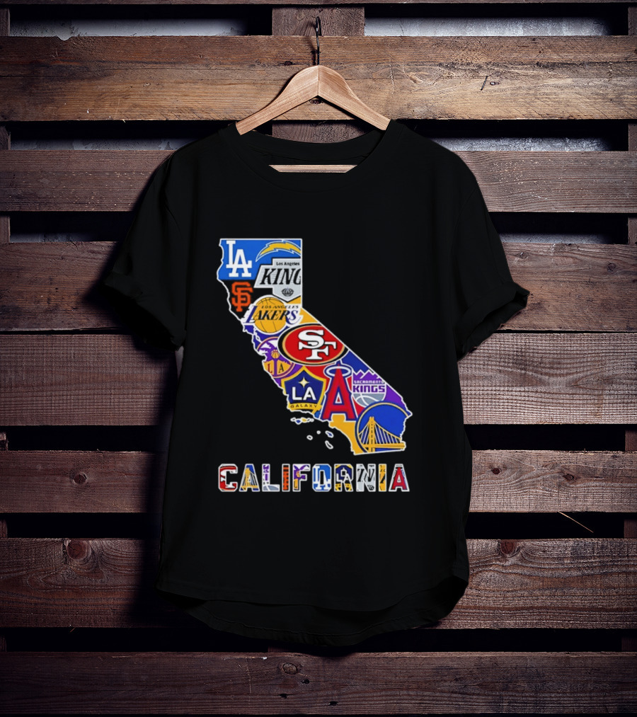 California Map Collage With 49ers Lakers Kings Giants Angels Dodgers Logos 2026 T-Shirt