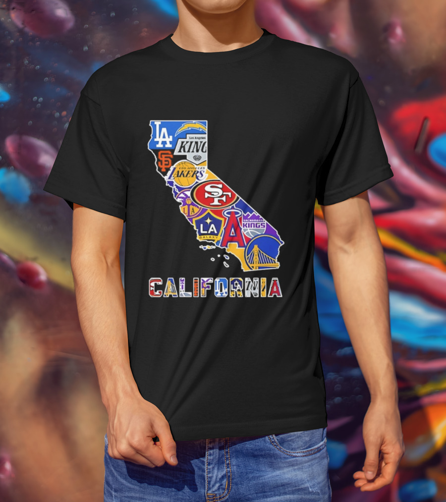 California Map Collage With 49ers Lakers Kings Giants Angels Dodgers Logos 2026 T-Shirt