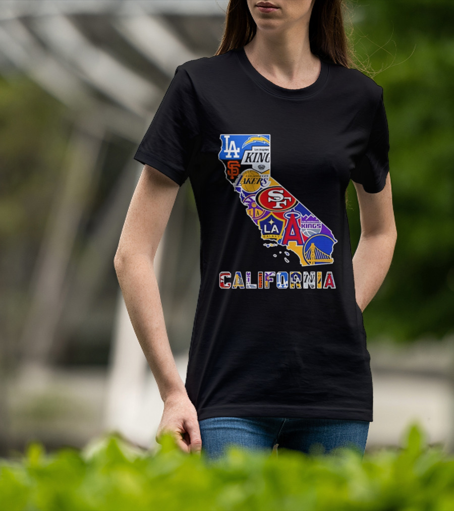 California Map Collage With 49ers Lakers Kings Giants Angels Dodgers Logos 2026 T-Shirt