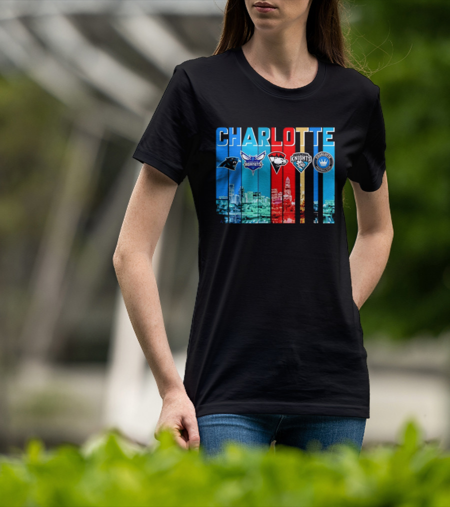 Charlotte Panthers Hornets Knights City Skyline Sports Team Logos T-Shirt
