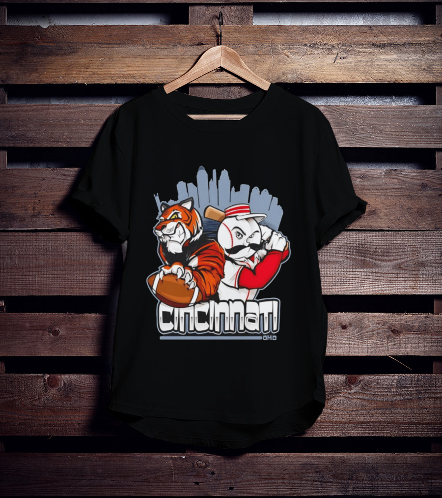 Cincinnati Reds Bengals Skyline Ohio Tiger And Baseball Character 2026 T-Shirt