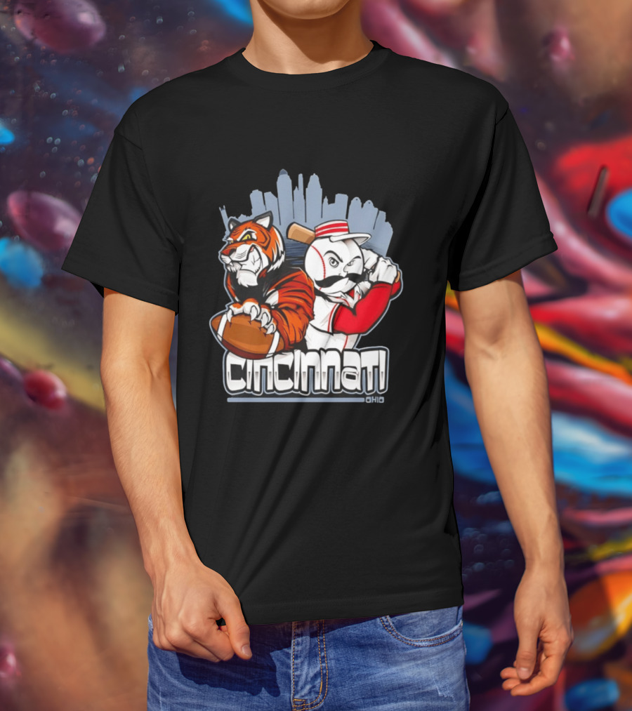 Cincinnati Reds Bengals Skyline Ohio Tiger And Baseball Character 2026 T-Shirt