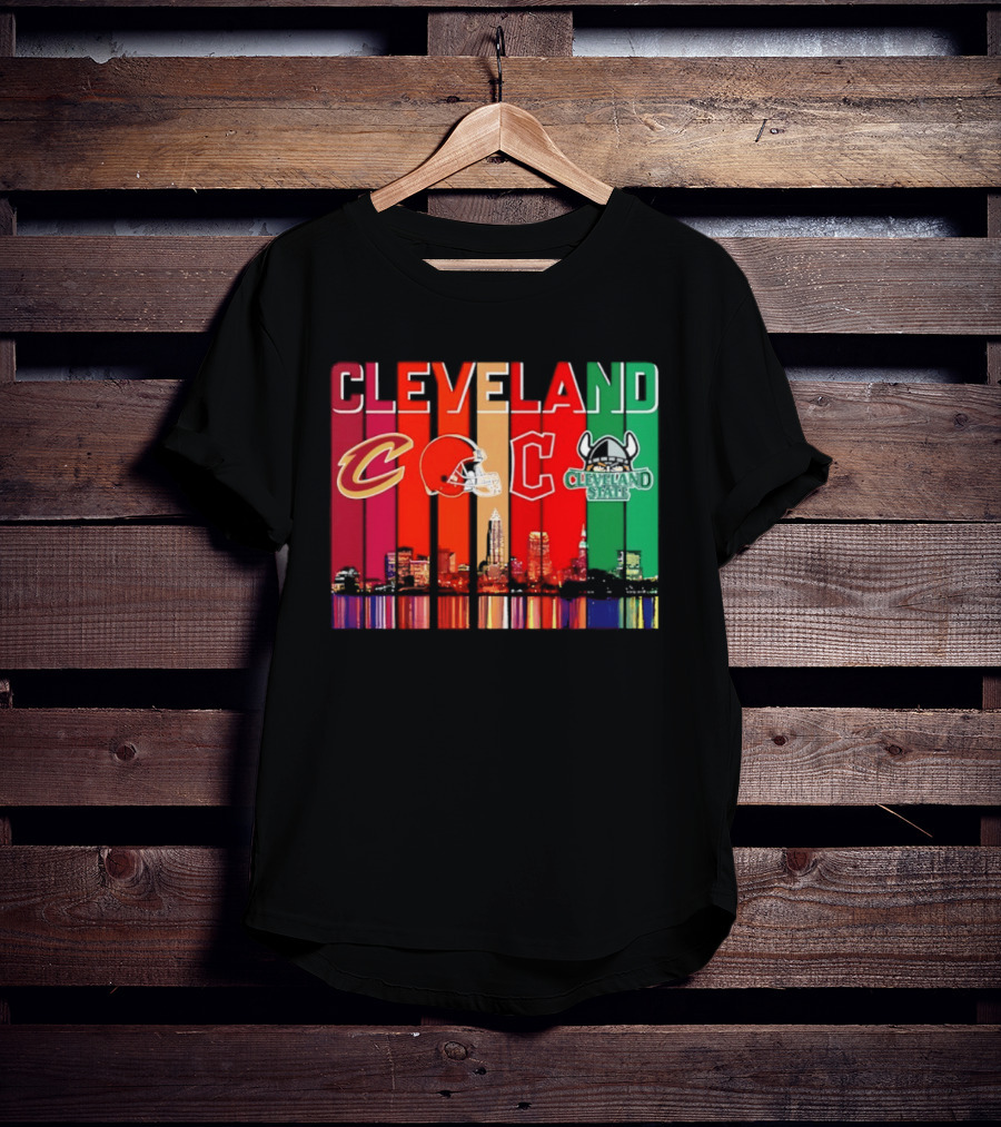 Cleveland Cavaliers Browns Guardians Cleveland State Vikings City Skyline T-Shirt