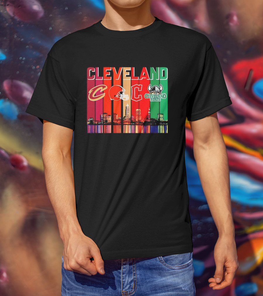 Cleveland Cavaliers Browns Guardians Cleveland State Vikings City Skyline T-Shirt