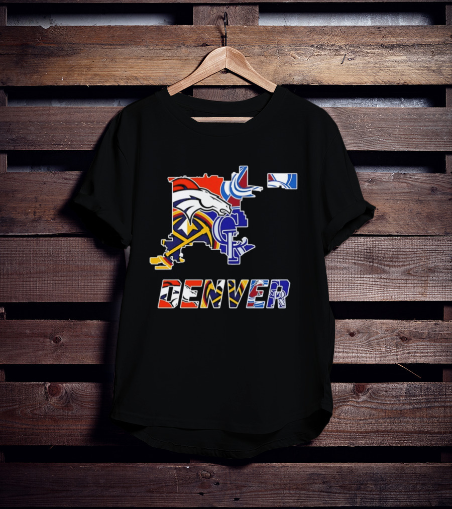 Denver Broncos Nuggets Avalanche Rockies Map Sports Team Logos T-Shirt