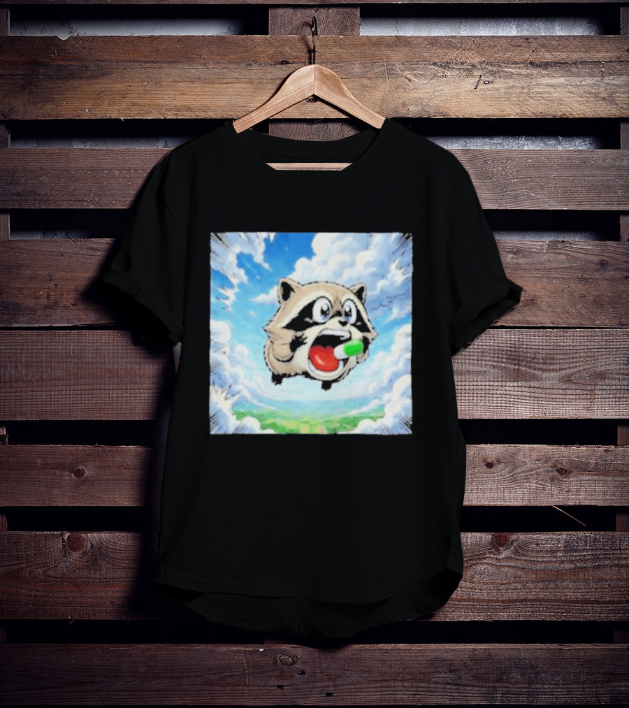 Jimothy Raccoon Cartoon Sky Dive With Colorful Capsule T-Shirt