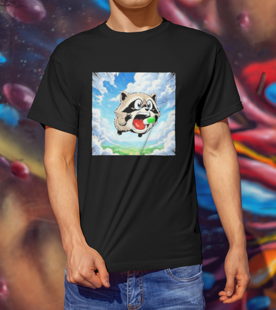 Jimothy Raccoon Cartoon Sky Dive With Colorful Capsule T-Shirt