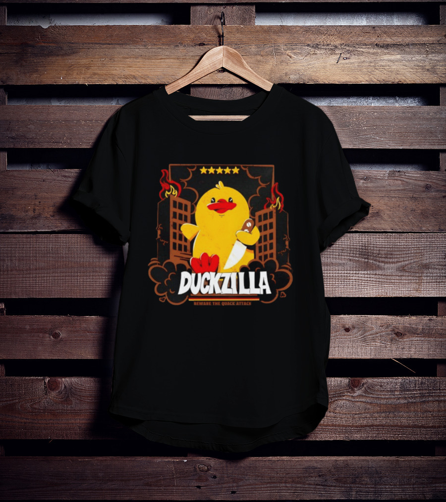 Duckzilla Beware The Quack Attack Knife Wielding Giant Duck With Burning Buildings T-Shirt