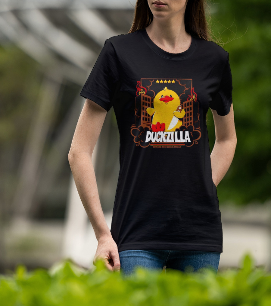 Duckzilla Beware The Quack Attack Knife Wielding Giant Duck With Burning Buildings T-Shirt