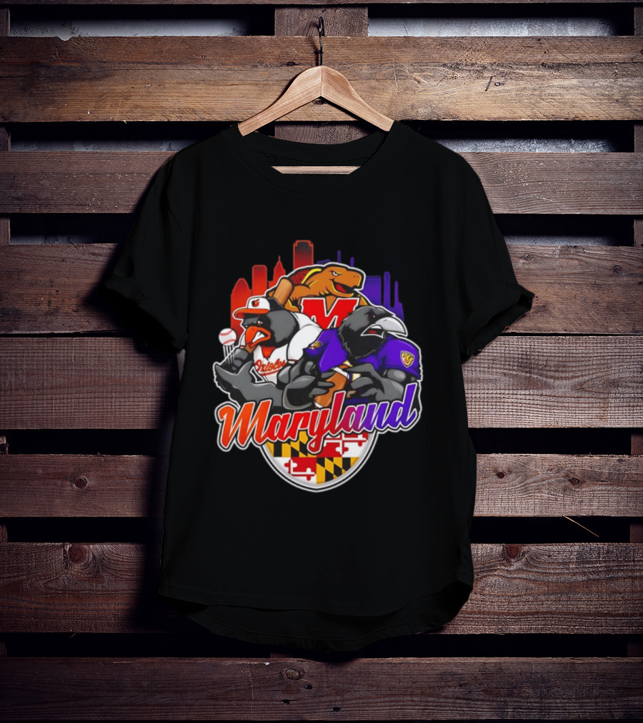 Maryland Orioles Ravens Terrapins Skyline Mashup With Flag T-Shirt