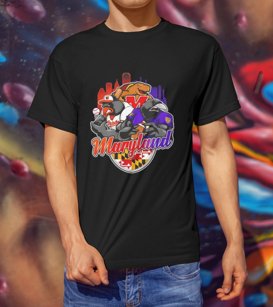 Maryland Orioles Ravens Terrapins Skyline Mashup With Flag T-Shirt