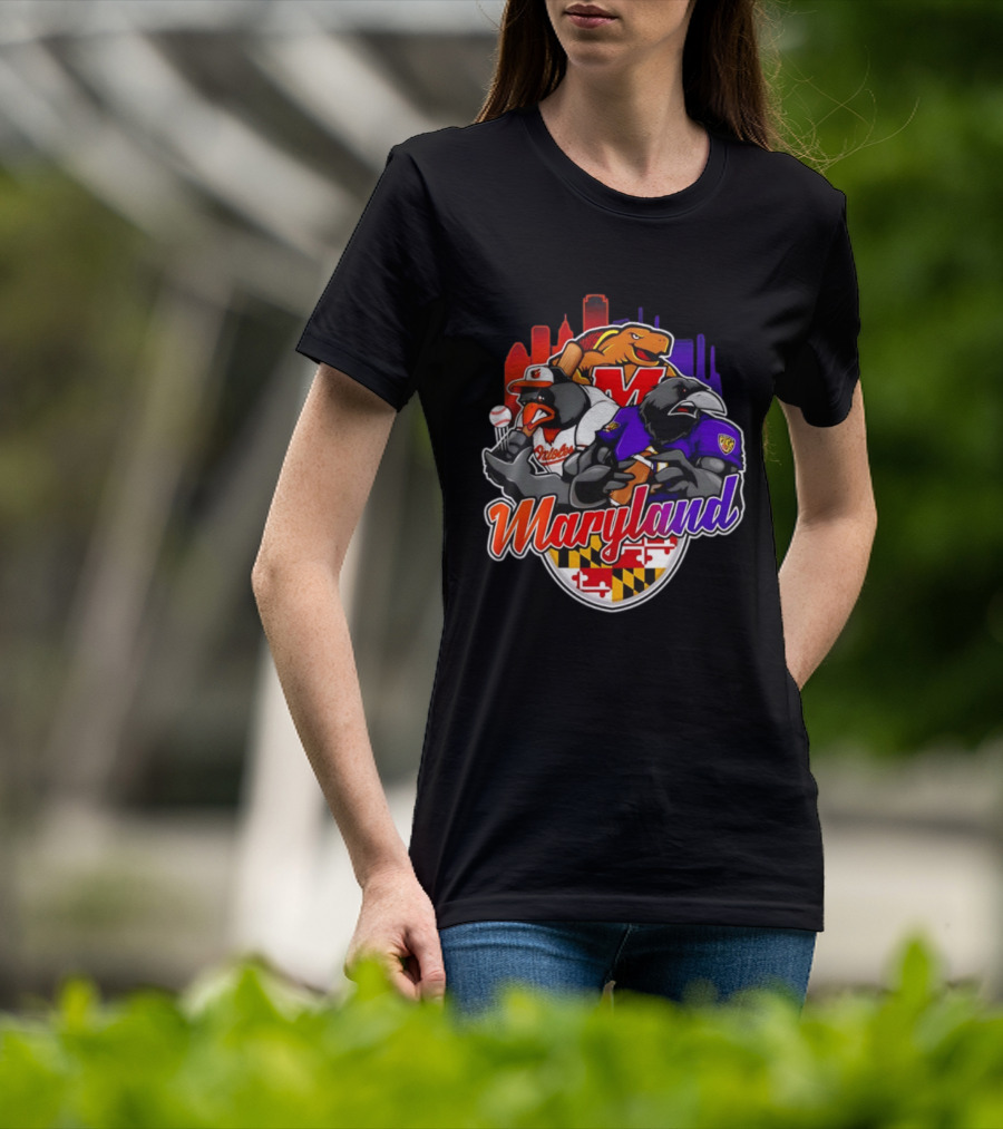 Maryland Orioles Ravens Terrapins Skyline Mashup With Flag T-Shirt