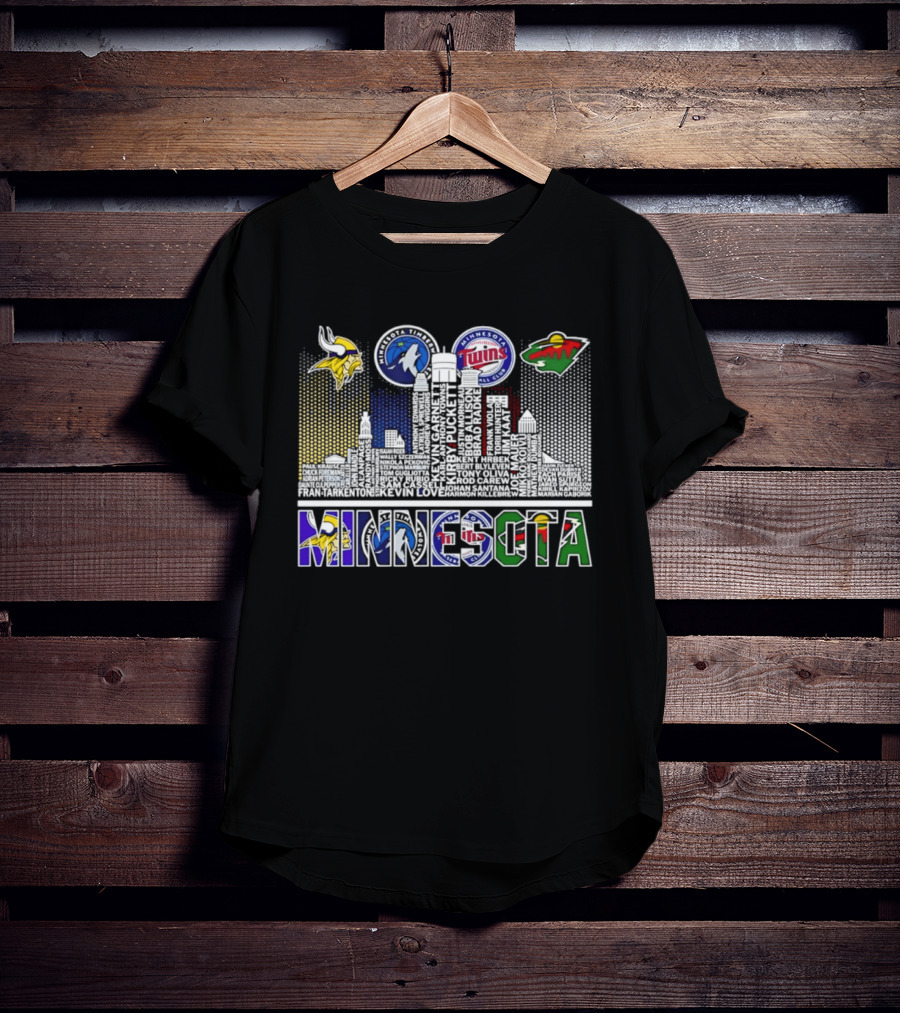 Minnesota Vikings Timberwolves Twins Wild Skyline Roster Names T-Shirt