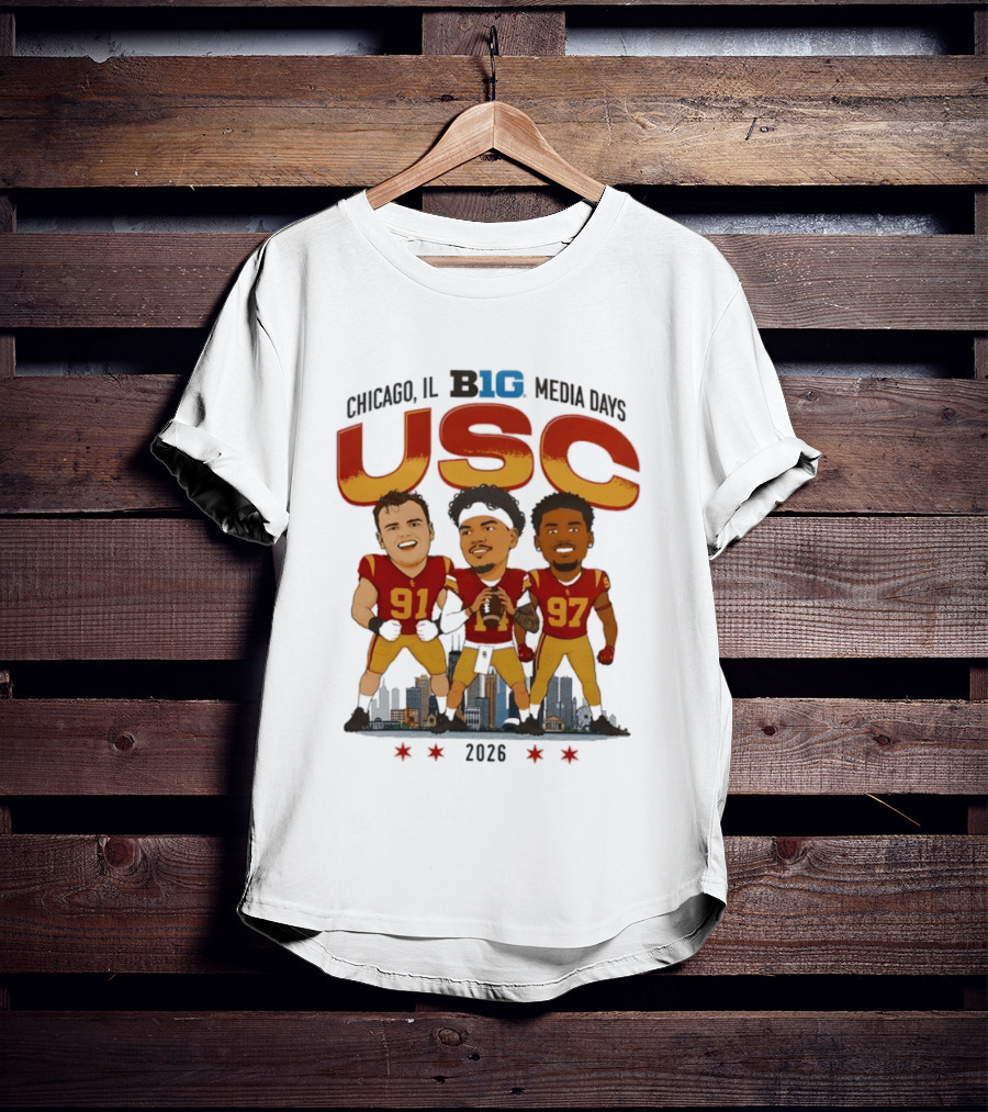 USC Trojans Big Ten Media Days 2026 Chicago Skyline Caricature Jayden Maiava Alex VanSumeren Jide Abasiri T-Shirt