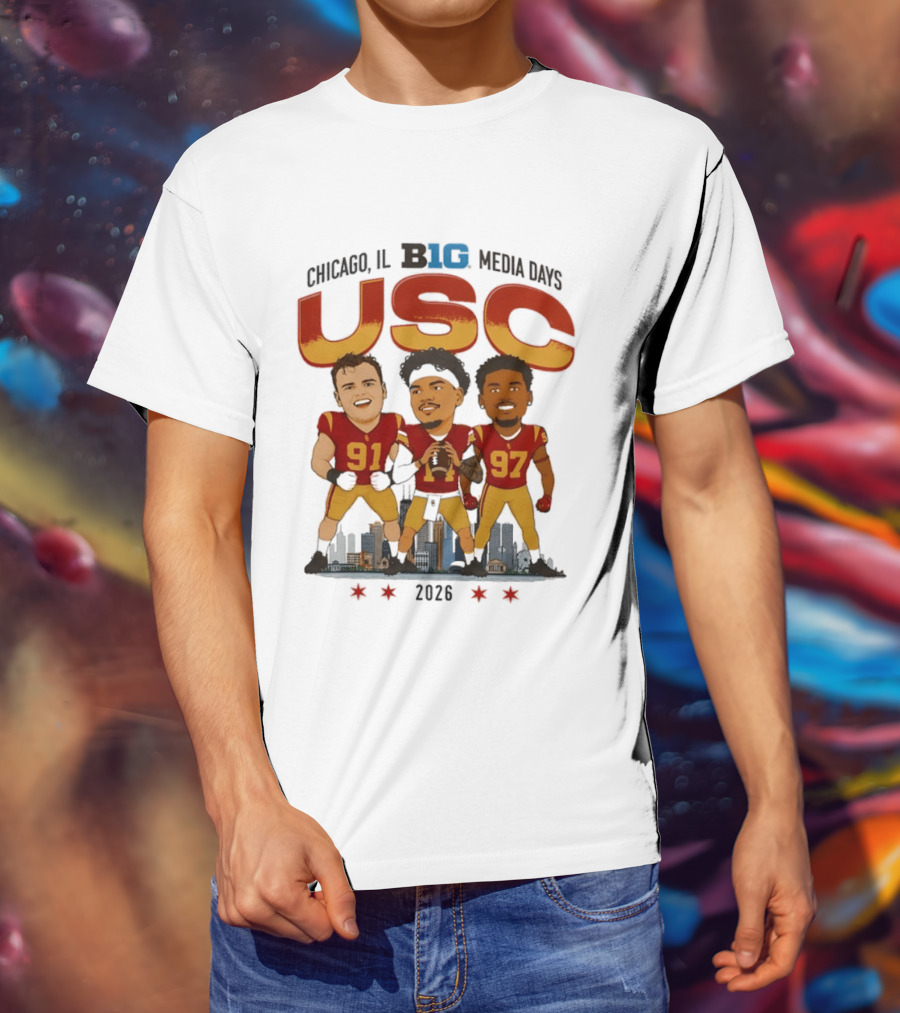 USC Trojans Big Ten Media Days 2026 Chicago Skyline Caricature Jayden Maiava Alex VanSumeren Jide Abasiri T-Shirt