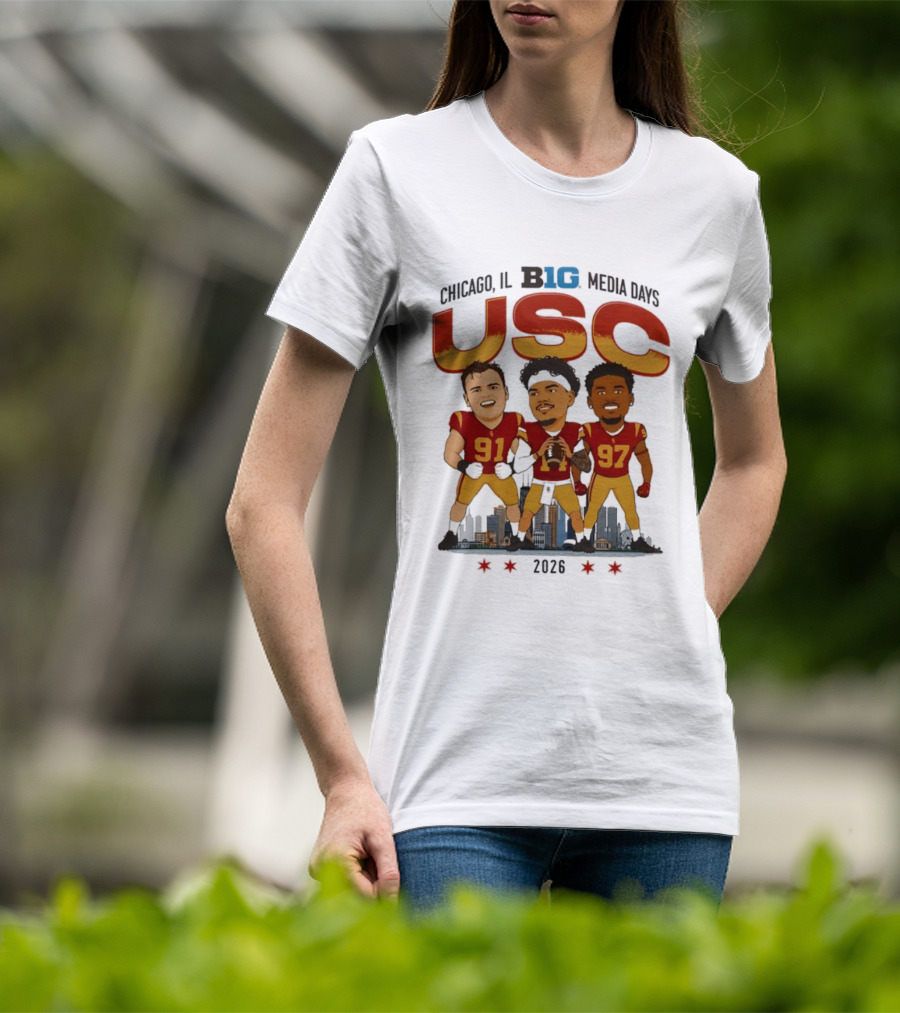 USC Trojans Big Ten Media Days 2026 Chicago Skyline Caricature Jayden Maiava Alex VanSumeren Jide Abasiri T-Shirt