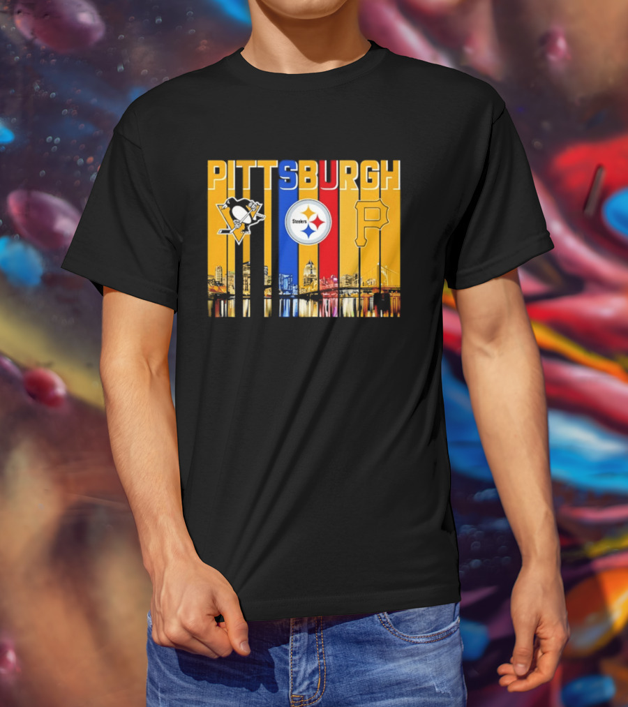Pittsburgh Penguins Steelers Pirates City Skyline 2026 Sports Teams T-Shirt