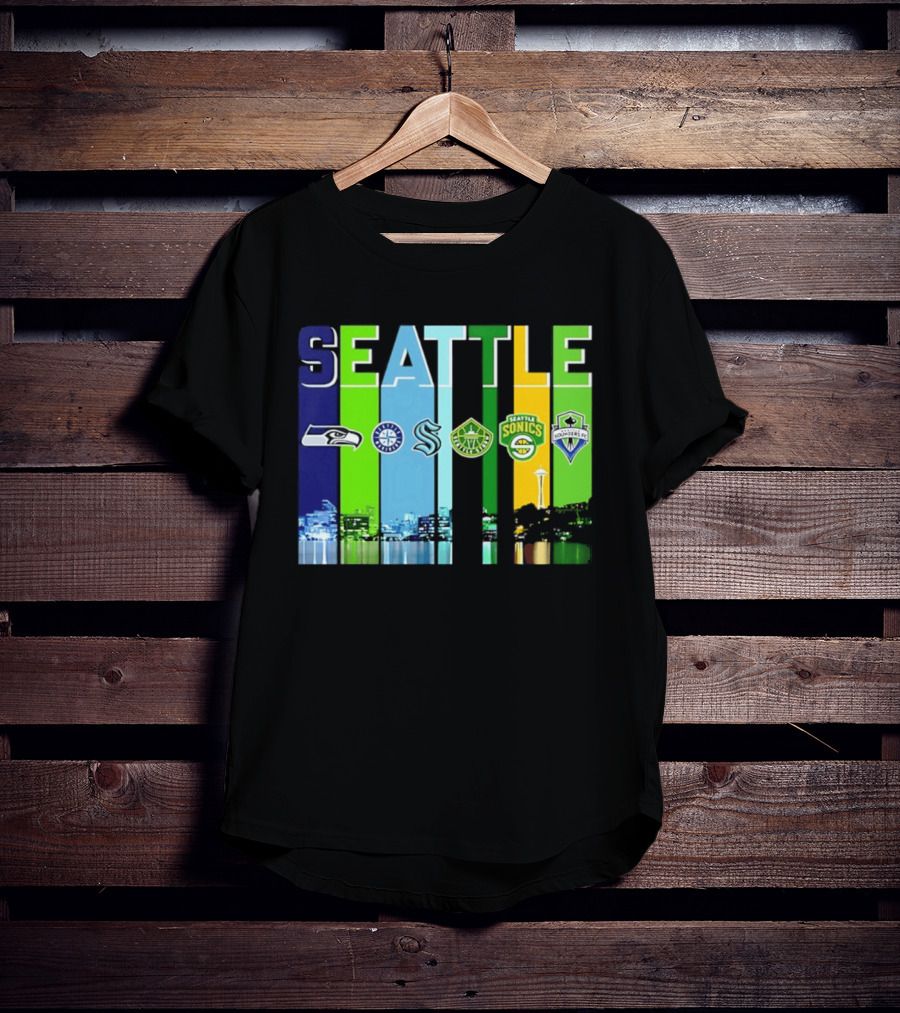 Seattle Seahawks Mariners Kraken Sonics Storm Sounders City Skyline T-Shirt