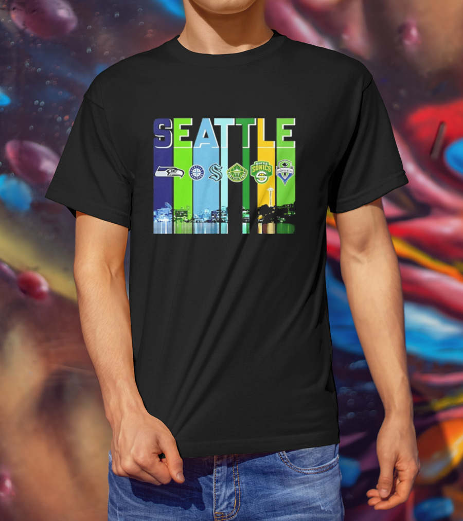 Seattle Seahawks Mariners Kraken Sonics Storm Sounders City Skyline T-Shirt