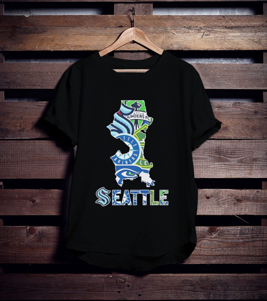 Seattle Kraken Mariners Seahawks Sounders FC Map Collage 2026 T-Shirt