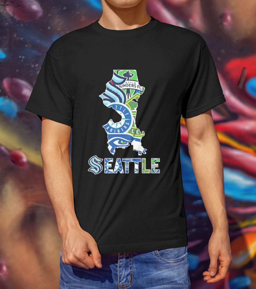 Seattle Kraken Mariners Seahawks Sounders FC Map Collage 2026 T-Shirt