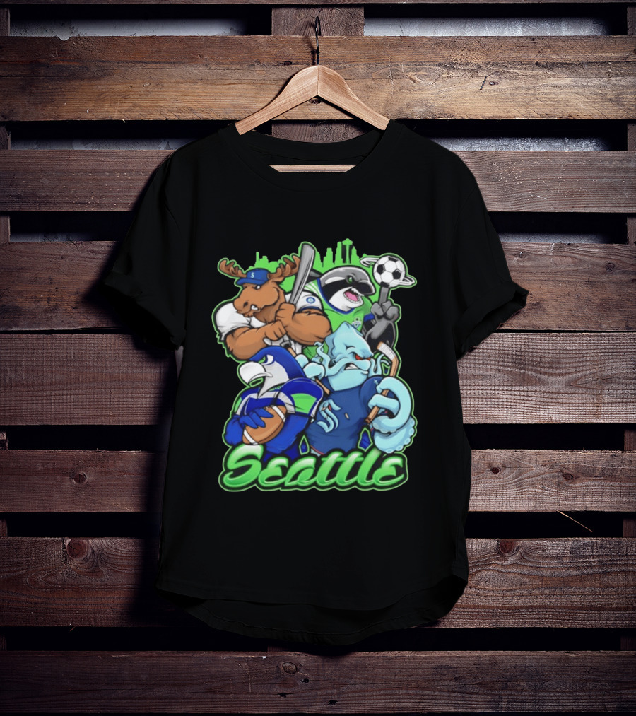 Seattle Sports Team Mascot Mashup With Moose Orca Octopus Bird Skyline T-Shirt