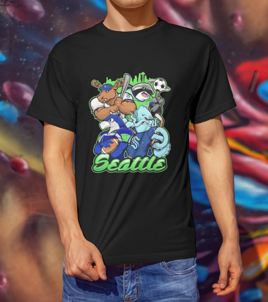 Seattle Sports Team Mascot Mashup With Moose Orca Octopus Bird Skyline T-Shirt