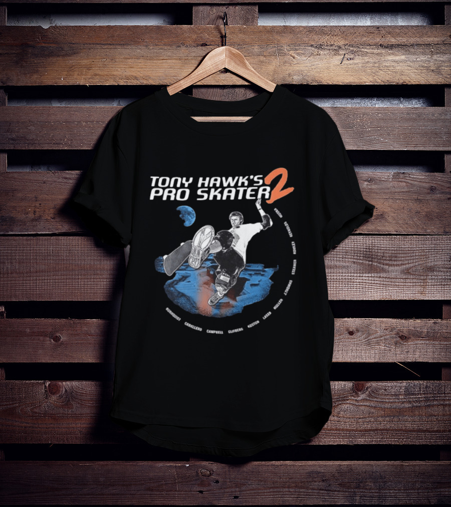 Tony Hawk's Pro Skater 2 Hawk's Back With New Technology New Pros And New Tracks 2 Sided Flip McTwist Skateboarding Legends T-Shirt