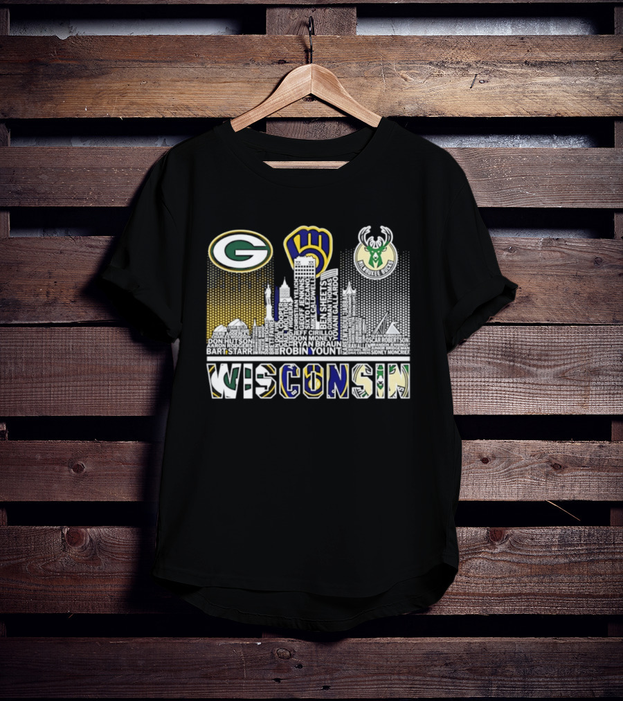 Wisconsin Green Bay Packers Milwaukee Brewers Bucks City Skyline Logos T-Shirt