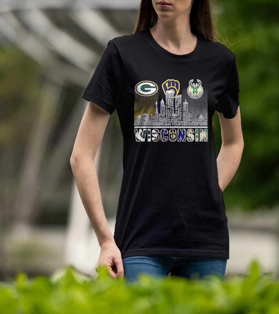 Wisconsin Green Bay Packers Milwaukee Brewers Bucks City Skyline Logos T-Shirt