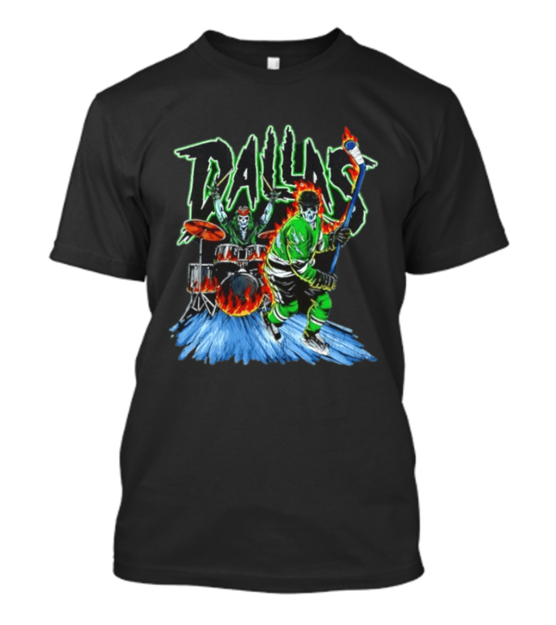 Dallas Stars Skeleton Hockey Fire With Drummer T-Shirt