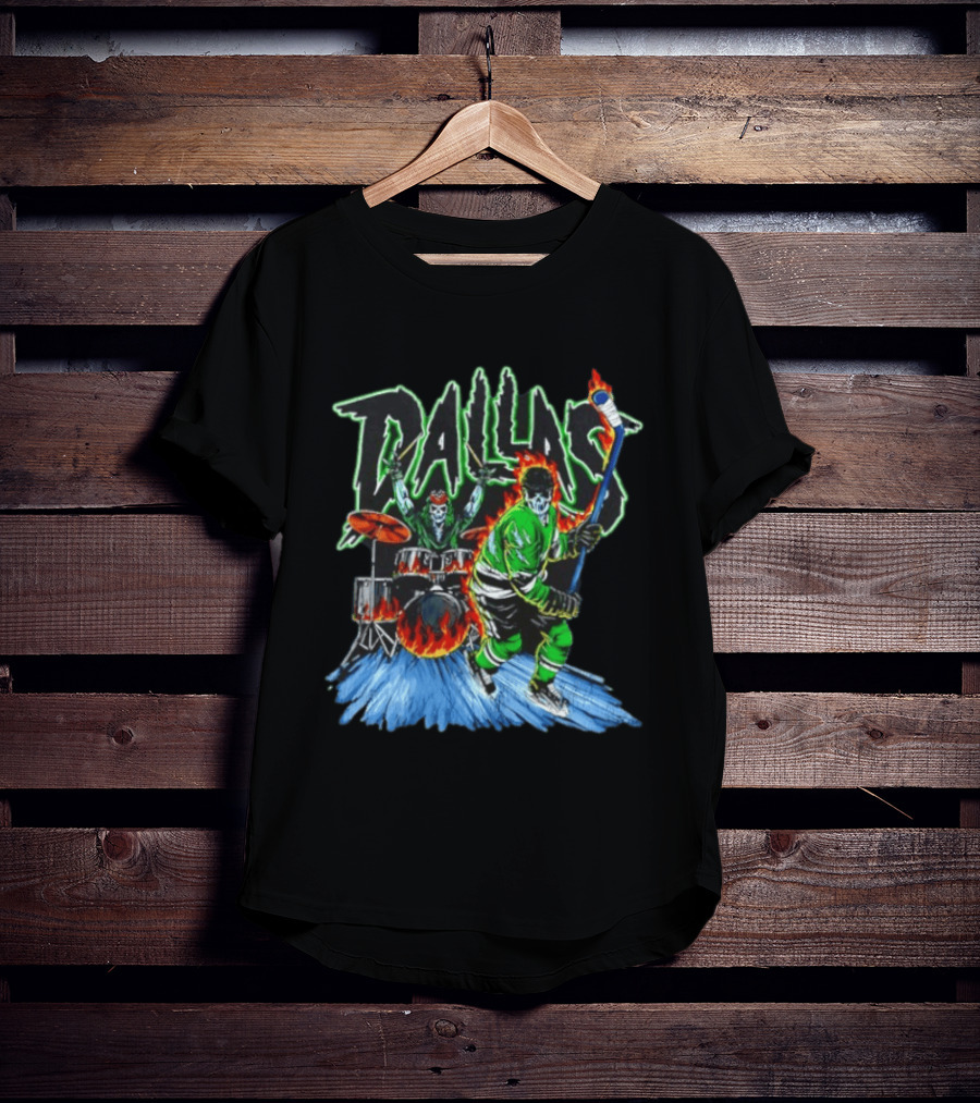 Dallas Stars Skeleton Hockey Fire With Drummer T-Shirt
