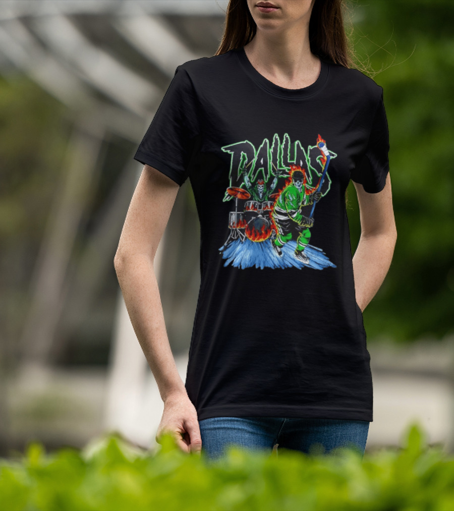 Dallas Stars Skeleton Hockey Fire With Drummer T-Shirt