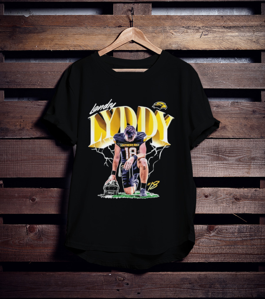 Landry Lyddy 18 Southern Miss Golden Eagles NCAA Football Player Lightning Kneeling Pose T-Shirt