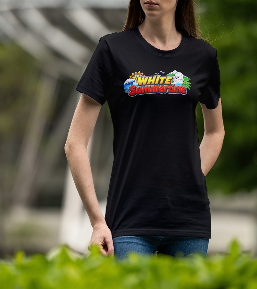 White Summertime Skull Ocean Beach Sun Palm Birds T-Shirt