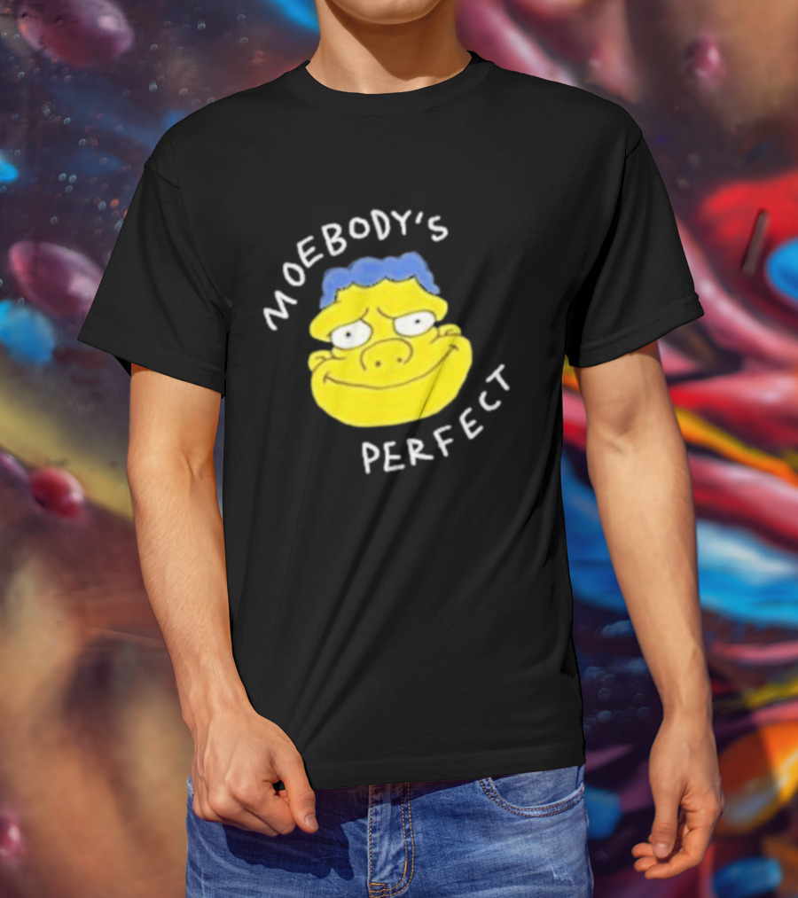 Moebody's Perfect Yellow Cartoon Face With Blue Hair Smirk T-Shirt