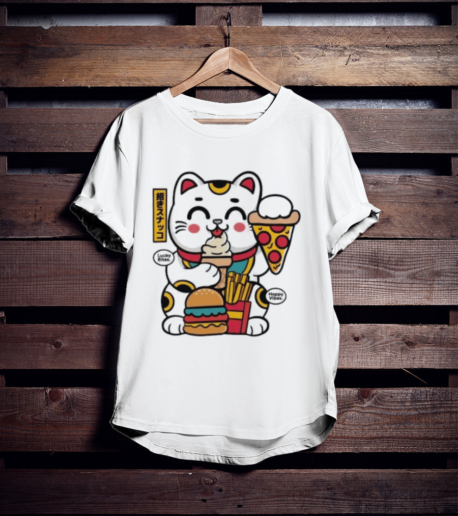 Lucky Bites Happy Vibes Maneki Neko Cat Ice Cream Pizza Burger Fries T-Shirt