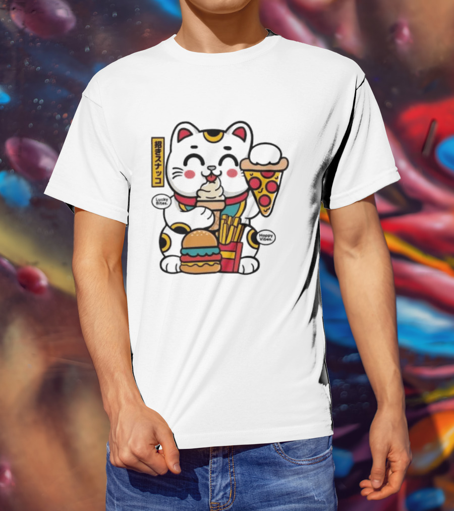 Lucky Bites Happy Vibes Maneki Neko Cat Ice Cream Pizza Burger Fries T-Shirt