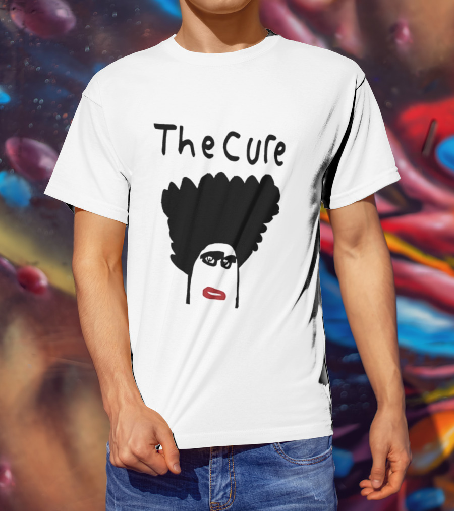 The Cure Hand Drawn Robert Smith Bold Hair Red Lips Black Glasses T-Shirt