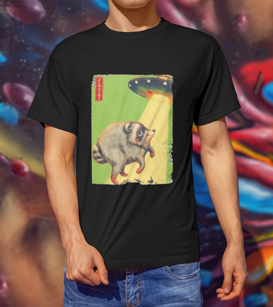 Jimothy Raccoon Abducted By UFO Alien Beam On Green T-Shirt