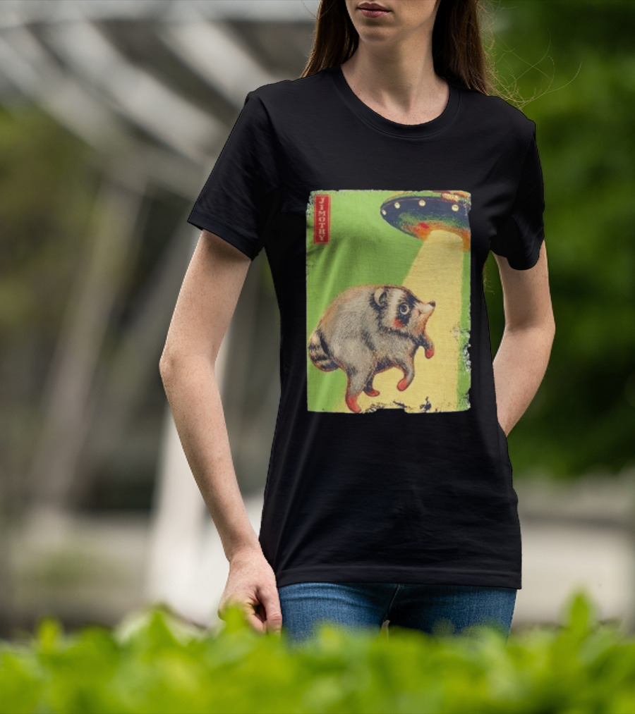 Jimothy Raccoon Abducted By UFO Alien Beam On Green T-Shirt