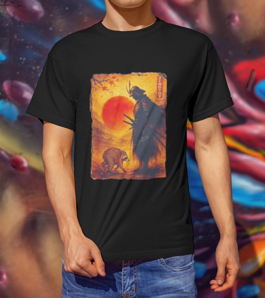 Jimothy Samurai Warrior And Raccoon Japanese Sunset T-Shirt