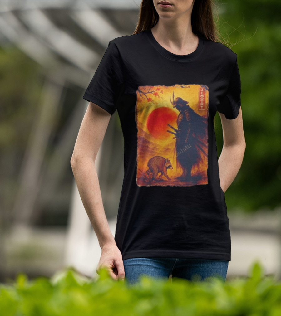 Jimothy Samurai Warrior And Raccoon Japanese Sunset T-Shirt