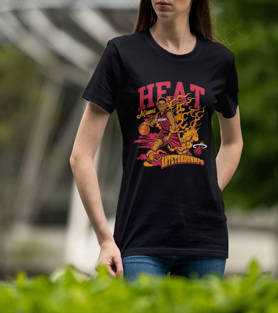 Miami Heat Giannis Antetokounmpo Basketball Caricature With Flames T-Shirt